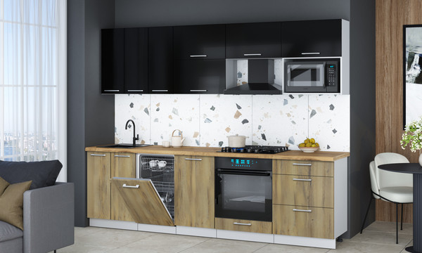 Изображение товара Кухонный гарнитур Интерлиния Мила Gloss 2.7-ПМ4 (дуб вотан/черный глянец/дуб бунратти)