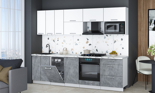 Изображение товара Кухонный гарнитур Интерлиния Мила Gloss 2.7-ПМ4 (керамика/белый/белый гранит)