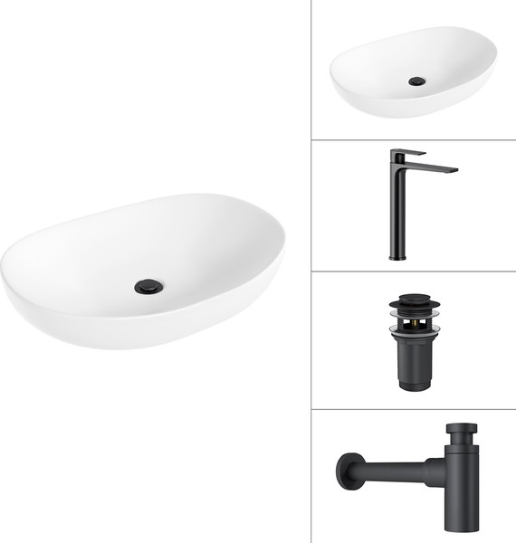 Изображение товара Умывальник со смесителем Lauter 21502 + Reef 21CK8678BS + сифон 21635B + дон.клапан 21190B (черный матовый)