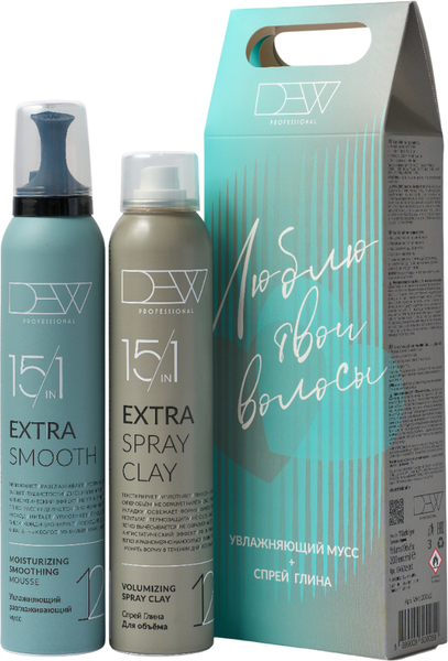 Изображение товара Набор косметики для волос Dew Professional Cпрей-глина для объема 15 в 1 + Мусс Увлажняющий разглаживающий (200мл+200мл)