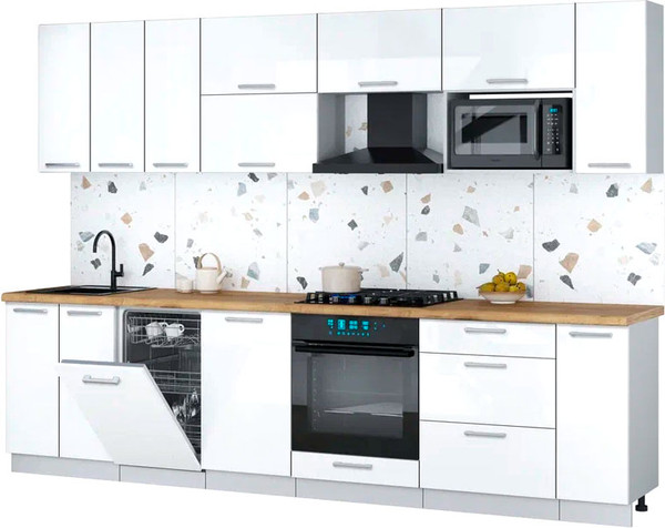 Изображение товара Кухонный гарнитур Интерлиния Мила Gloss 3.0-ПМ4 (белый глянец/белый глянец/дуб бунратти)