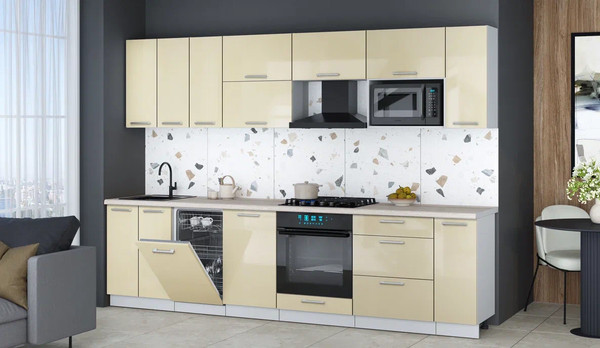 Изображение товара Кухонный гарнитур Интерлиния Мила Gloss 3.0-ПМ4 (ваниль глянец/ваниль глянец/травертин серый)