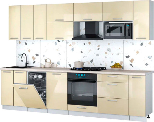 Изображение товара Кухонный гарнитур Интерлиния Мила Gloss 3.0-ПМ4 (ваниль глянец/ваниль глянец/травертин серый)