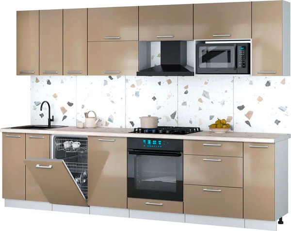 Изображение товара Кухонный гарнитур Интерлиния Мила Gloss 3.0-ПМ4 (капучино глянец/капучино глянец/бискайская сосна)