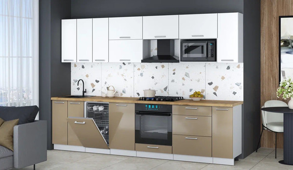 Изображение товара Кухонный гарнитур Интерлиния Мила Gloss 3.0-ПМ4 (капучино глянец/белый/дуб бунратти)