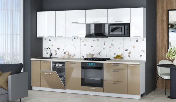 Изображение товара Кухонный гарнитур Интерлиния Мила Gloss 3.0-ПМ4 (капучино глянец/белый глянец/опал светлый)