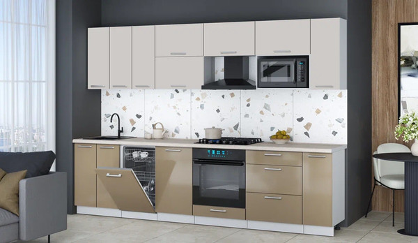 Изображение товара Кухонный гарнитур Интерлиния Мила Gloss 3.0-ПМ4 (капучино глянец/кашемир/травертин серый)