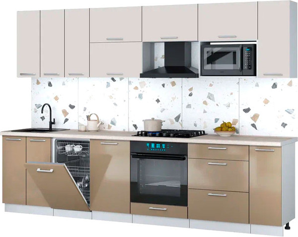 Изображение товара Кухонный гарнитур Интерлиния Мила Gloss 3.0-ПМ4 (капучино глянец/кашемир/травертин серый)