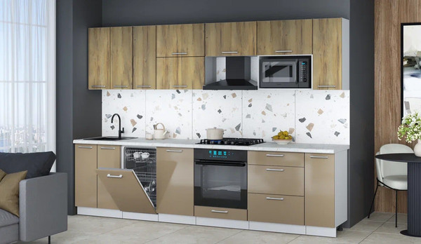 Изображение товара Кухонный гарнитур Интерлиния Мила Gloss 3.0-ПМ4 (капучино глянец/дуб вотан/серый каспий)