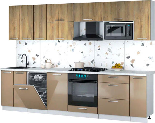 Изображение товара Кухонный гарнитур Интерлиния Мила Gloss 3.0-ПМ4 (капучино глянец/дуб вотан/серый каспий)