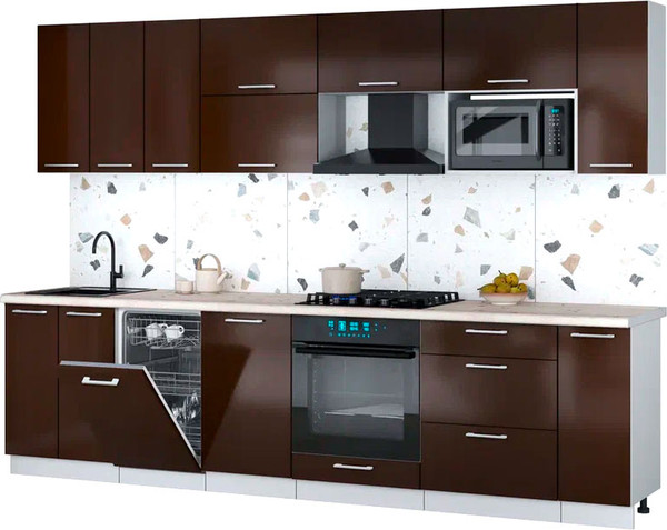 Изображение товара Кухонный гарнитур Интерлиния Мила Gloss 3.0-ПМ4 (шоколад глянец/шоколад глянец/бискайская сосна)