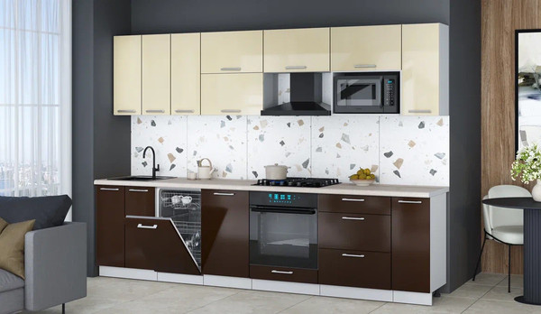 Изображение товара Кухонный гарнитур Интерлиния Мила Gloss 3.0-ПМ4 (шоколад глянец/ваниль глянец/травертин серый)