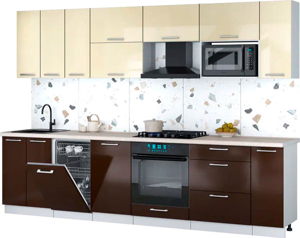 Изображение товара Кухонный гарнитур Интерлиния Мила Gloss 3.0-ПМ4 (шоколад глянец/ваниль глянец/травертин серый)