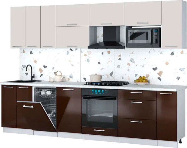 Изображение товара Кухонный гарнитур Интерлиния Мила Gloss 3.0-ПМ4 (шоколад глянец/кашемир/серый каспий)