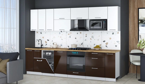 Изображение товара Кухонный гарнитур Интерлиния Мила Gloss 3.0-ПМ4 (шоколад глянец/белый/дуб бунратти)
