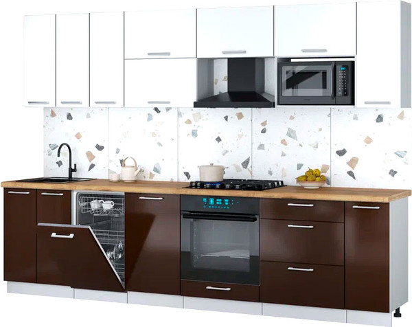 Изображение товара Кухонный гарнитур Интерлиния Мила Gloss 3.0-ПМ4 (шоколад глянец/белый/дуб бунратти)
