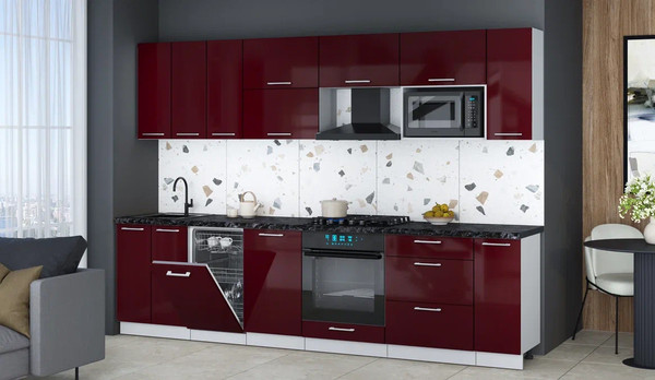 Изображение товара Кухонный гарнитур Интерлиния Мила Gloss 3.0-ПМ4 (бордовый глянец/бордовый глянец/кастилло темный)