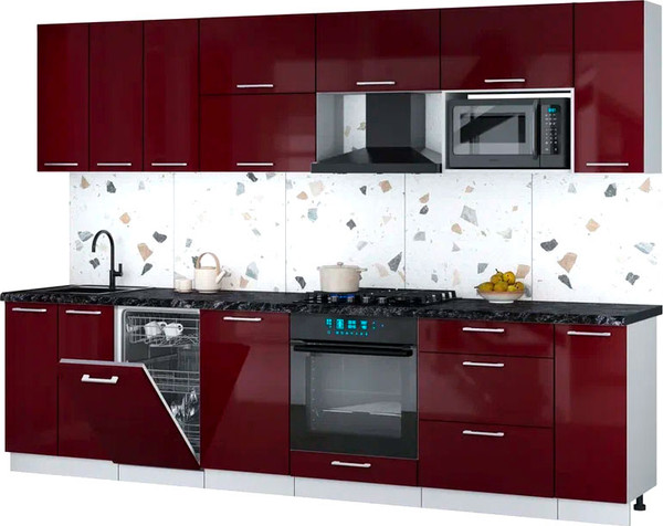 Изображение товара Кухонный гарнитур Интерлиния Мила Gloss 3.0-ПМ4 (бордовый глянец/бордовый глянец/кастилло темный)