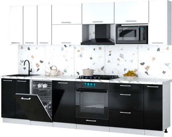 Изображение товара Кухонный гарнитур Интерлиния Мила Gloss 3.0-ПМ4 (черный глянец/белый/белый гранит)