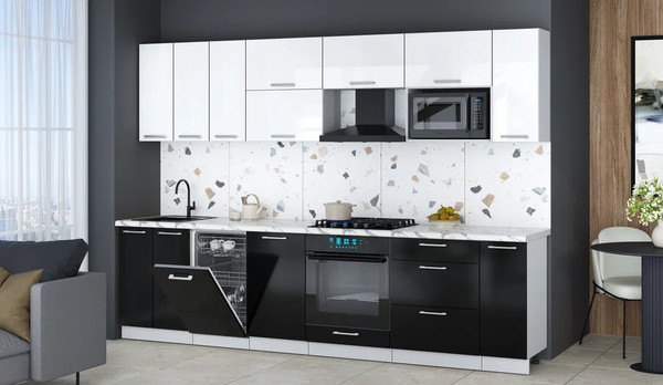 Изображение товара Кухонный гарнитур Интерлиния Мила Gloss 3.0-ПМ4 (черный глянец/белый глянец/белый гранит)