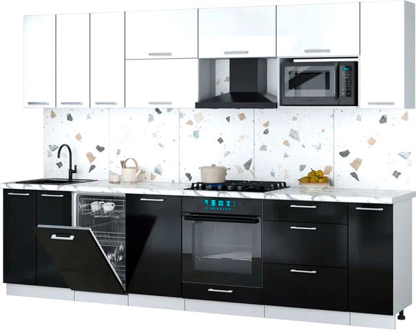 Изображение товара Кухонный гарнитур Интерлиния Мила Gloss 3.0-ПМ4 (черный глянец/белый глянец/белый гранит)