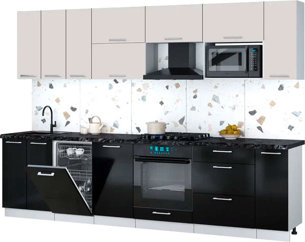 Изображение товара Кухонный гарнитур Интерлиния Мила Gloss 3.0-ПМ4 (черный глянец/кашемир/кастилло темный)