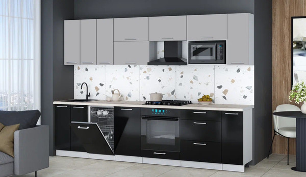 Изображение товара Кухонный гарнитур Интерлиния Мила Gloss 3.0-ПМ4 (черный глянец/грей/бискайская сосна)