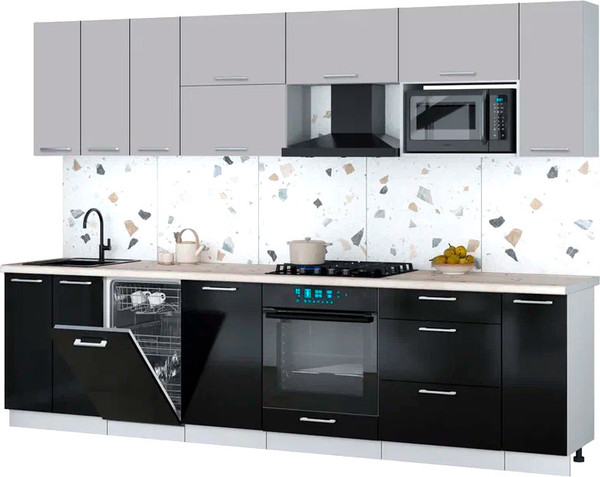 Изображение товара Кухонный гарнитур Интерлиния Мила Gloss 3.0-ПМ4 (черный глянец/грей/бискайская сосна)