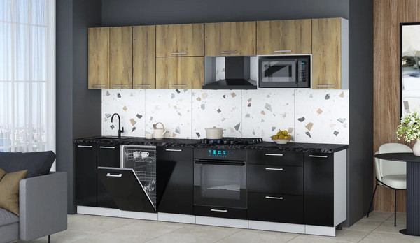 Изображение товара Кухонный гарнитур Интерлиния Мила Gloss 3.0-ПМ4 (черный глянец/дуб вотан/кастилло темный)