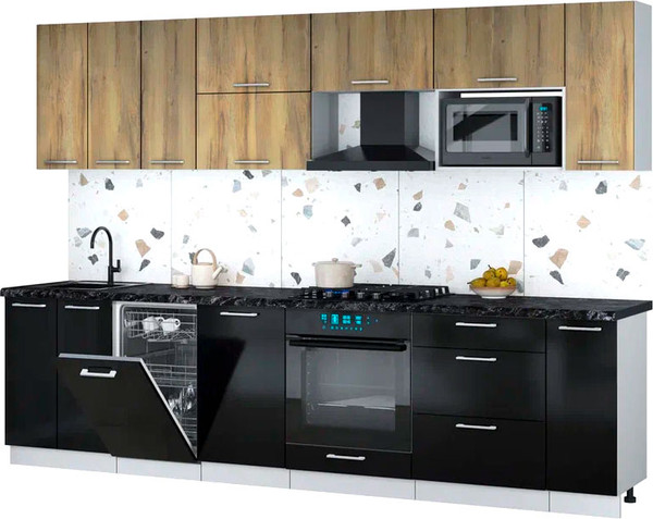 Изображение товара Кухонный гарнитур Интерлиния Мила Gloss 3.0-ПМ4 (черный глянец/дуб вотан/кастилло темный)