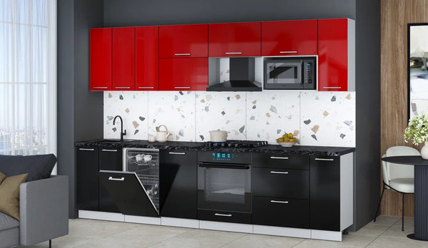 Изображение товара Кухонный гарнитур Интерлиния Мила Gloss 3.0-ПМ4 (черный глянец/красный глянец/кастилло темный)