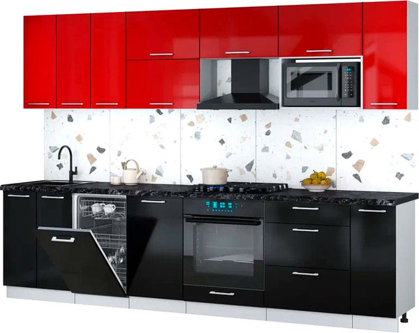 Изображение товара Кухонный гарнитур Интерлиния Мила Gloss 3.0-ПМ4 (черный глянец/красный глянец/кастилло темный)