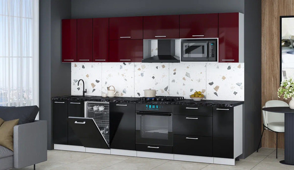Изображение товара Кухонный гарнитур Интерлиния Мила Gloss 3.0-ПМ4 (черный глянец/бордовый глянец/кастилло темный)
