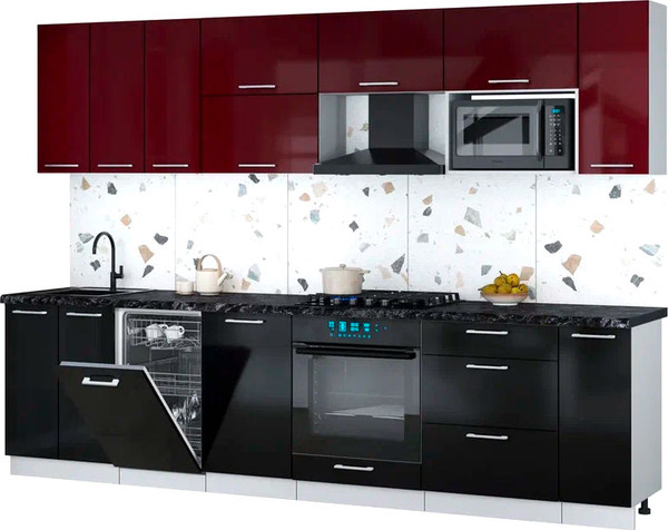 Изображение товара Кухонный гарнитур Интерлиния Мила Gloss 3.0-ПМ4 (черный глянец/бордовый глянец/кастилло темный)