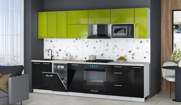 Изображение товара Кухонный гарнитур Интерлиния Мила Gloss 3.0-ПМ4 (черный глянец/яблоко глянец/травертин серый)