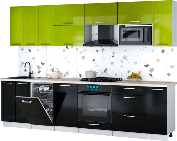 Изображение товара Кухонный гарнитур Интерлиния Мила Gloss 3.0-ПМ4 (черный глянец/яблоко глянец/травертин серый)