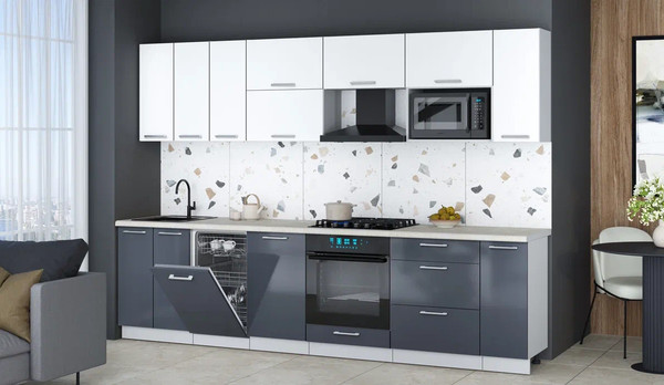 Изображение товара Кухонный гарнитур Интерлиния Мила Gloss 3.0-ПМ4 (асфальт глянец/белый/опал светлый)