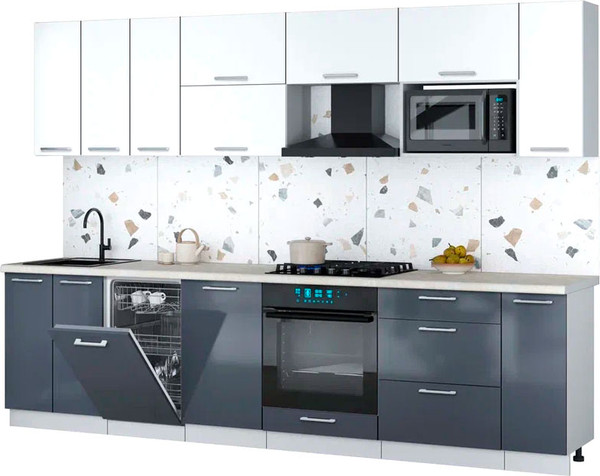 Изображение товара Кухонный гарнитур Интерлиния Мила Gloss 3.0-ПМ4 (асфальт глянец/белый/опал светлый)