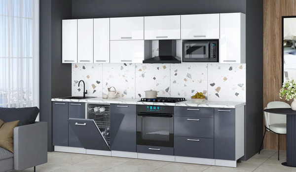 Изображение товара Кухонный гарнитур Интерлиния Мила Gloss 3.0-ПМ4 (асфальт глянец/белый глянец/белый гранит)