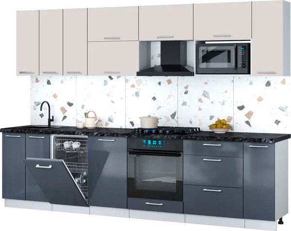 Изображение товара Кухонный гарнитур Интерлиния Мила Gloss 3.0-ПМ4 (асфальт глянец/кашемир/кастилло темный)