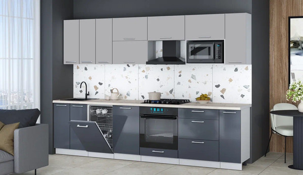 Изображение товара Кухонный гарнитур Интерлиния Мила Gloss 3.0-ПМ4 (асфальт глянец/грей/бискайская сосна)