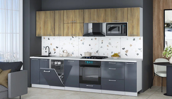 Изображение товара Кухонный гарнитур Интерлиния Мила Gloss 3.0-ПМ4 (асфальт глянец/дуб вотан/серый каспий)