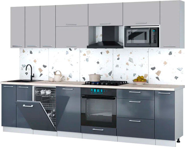Изображение товара Кухонный гарнитур Интерлиния Мила Gloss 3.0-ПМ4 (асфальт глянец/дуб вотан/серый каспий)