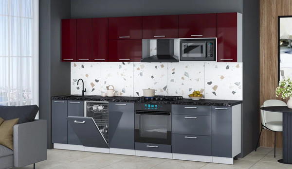 Изображение товара Кухонный гарнитур Интерлиния Мила Gloss 3.0-ПМ4 (асфальт глянец/бордовый глянец/кастилло темный)