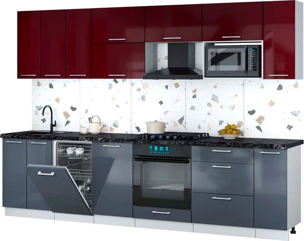 Изображение товара Кухонный гарнитур Интерлиния Мила Gloss 3.0-ПМ4 (асфальт глянец/бордовый глянец/кастилло темный)