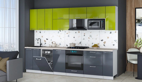 Изображение товара Кухонный гарнитур Интерлиния Мила Gloss 3.0-ПМ4 (асфальт глянец/яблоко глянец/травертин серый)