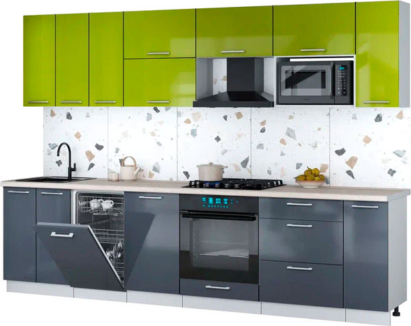 Изображение товара Кухонный гарнитур Интерлиния Мила Gloss 3.0-ПМ4 (асфальт глянец/яблоко глянец/травертин серый)