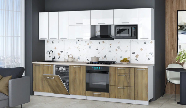 Изображение товара Кухонный гарнитур Интерлиния Мила Gloss 3.0-ПМ4 (дуб вотан/белый глянец/травертин серый)