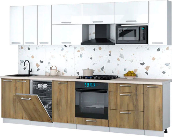 Изображение товара Кухонный гарнитур Интерлиния Мила Gloss 3.0-ПМ4 (дуб вотан/белый глянец/травертин серый)