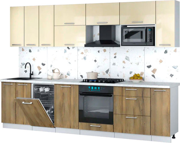 Изображение товара Кухонный гарнитур Интерлиния Мила Gloss 3.0-ПМ4 (дуб вотан/ваниль глянец/серый каспий)